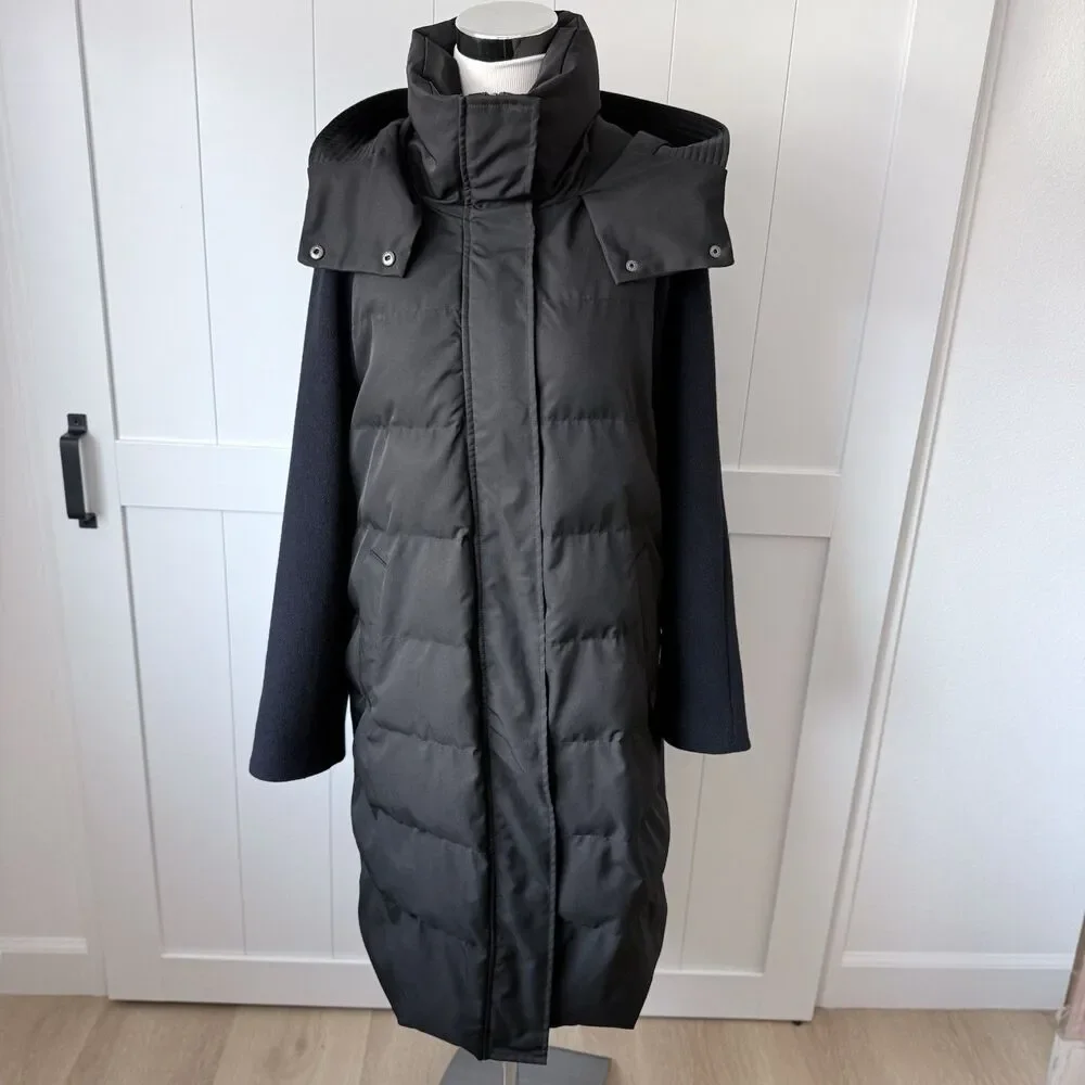Quiet Luxury Minimalist Wool Blend Mixed Media Puffer Coat M Black Navy Jason Wu